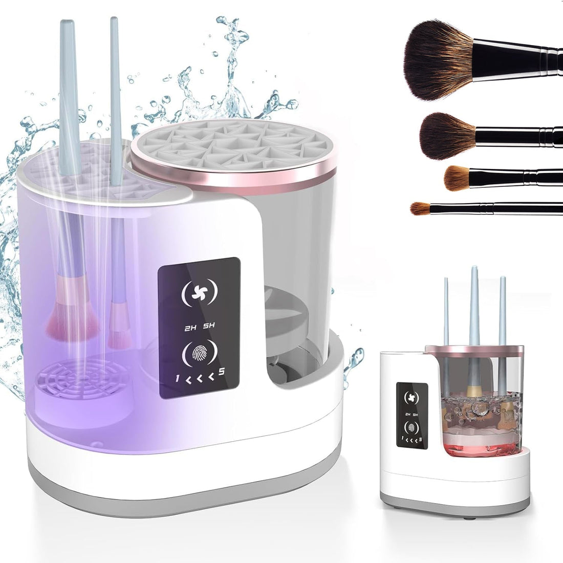 Electric rechargeable makeup brush cleaner and dryer station with 5-minute auto clean cycle and silicone cleaning bowl
