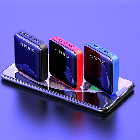 Portable power bank with digital battery display and mirror finish in 10000mAh and 20000mAh options in black blue and red