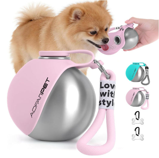 Portable stainless steel dog water bottle with built-in drinking bowl waste bag dispenser and wrist strap in blue and pink printed and unprinted
