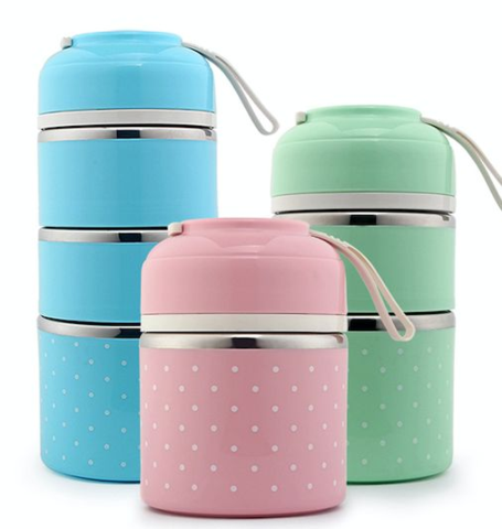 Portable stainless steel insulated lunch box stackable 1 to 3 layers double-wall 18/8 steel screw-lock silicone lid 830ml 1100ml 1400ml in blue green pink purple with carry bag