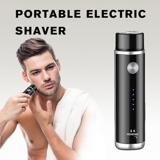 Mini portable rechargeable electric shaver with floating rotary head in black blue and natural for travel and home use