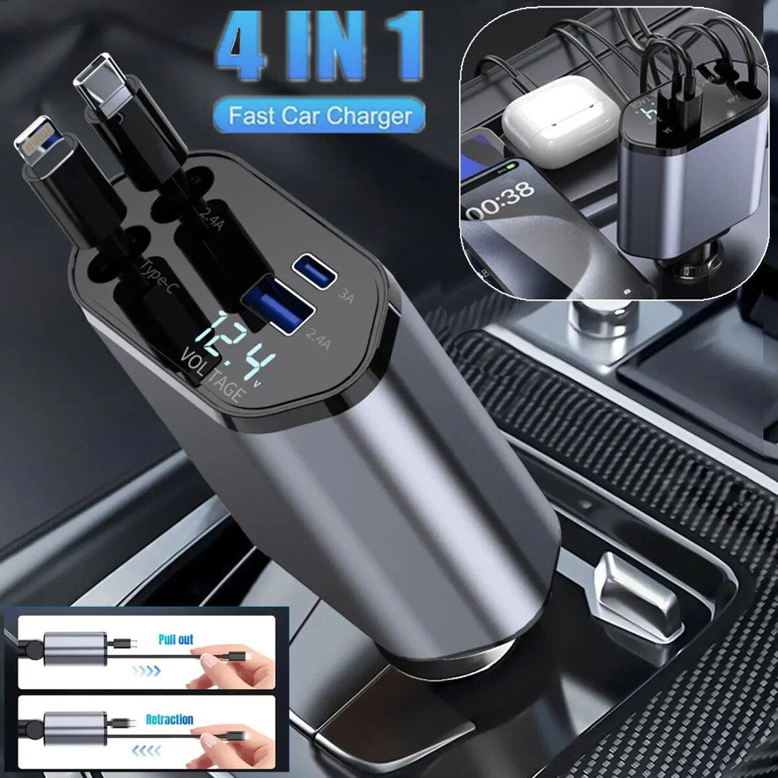 4-in-1 retractable 120W car charger with Type-C and Lightning cables and USB ports for simultaneous device charging