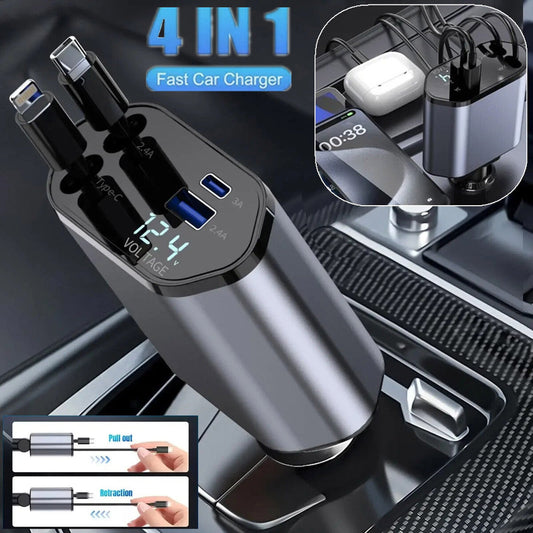 4-in-1 retractable 120W car charger with Type-C and Lightning cables and USB ports for simultaneous device charging