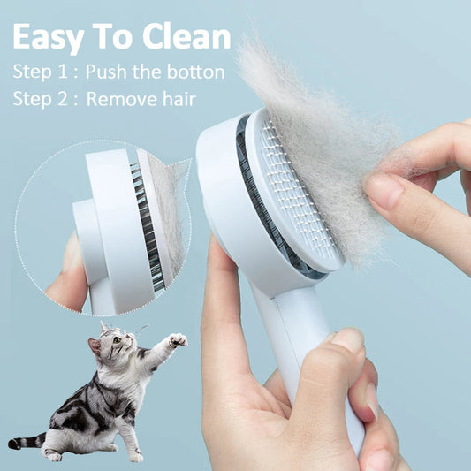 Self-cleaning pet grooming brush with one-touch bristle retraction for dogs and cats in pink