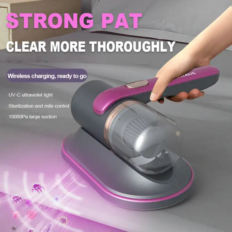 Wireless electric UV mite remover with dedicated brush head 15-20cm suction opening dust box collection for mattresses pillows and sofas in gold and purple