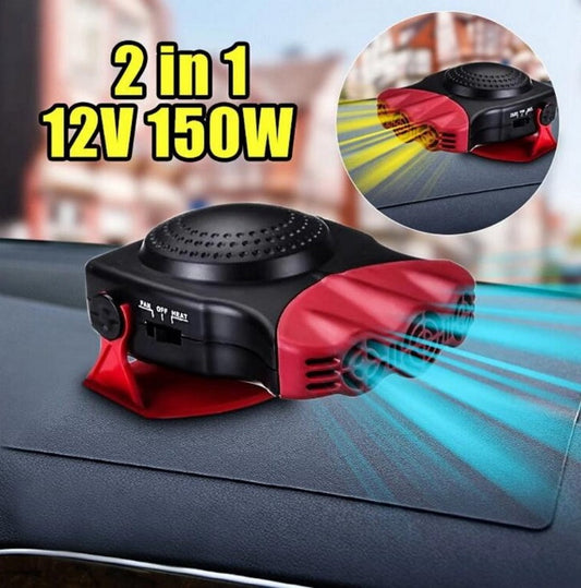 Portable 150W 12V windshield defroster fan with hot and cold dual function for car dashboard in black and red