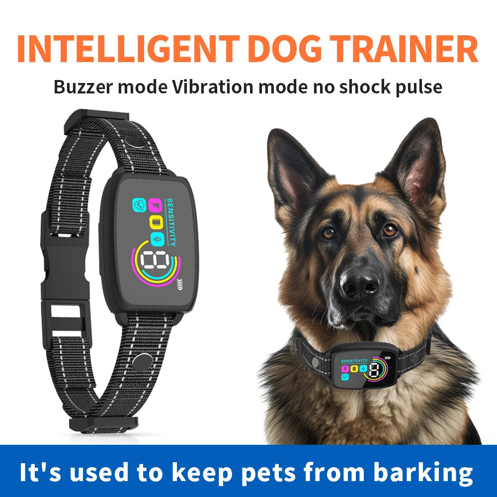 Smart rechargeable anti-bark dog collar with LCD display, AI recognition and IP67 waterproof rating in black