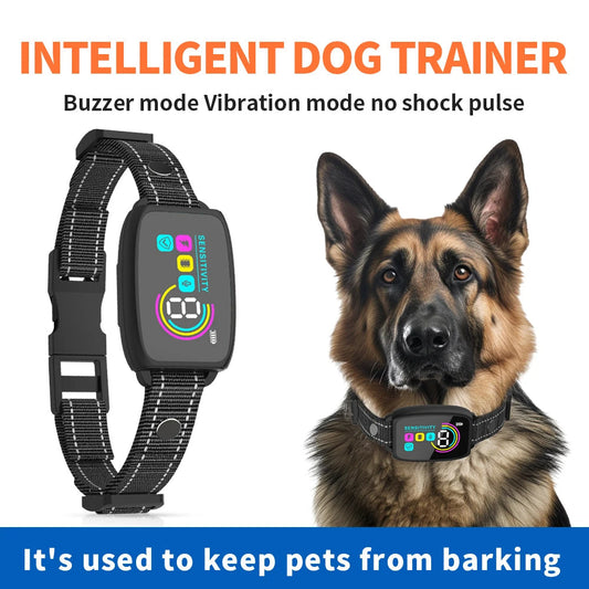 Smart rechargeable anti-bark dog collar with LCD display, AI recognition and IP67 waterproof rating in black