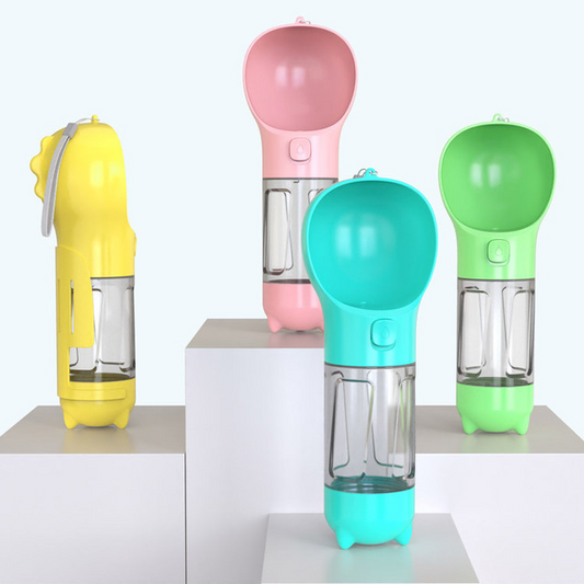 Portable pet water bottle 300ml 500ml with built-in waste bag storage integrated poop scoop and food container in yellow pink blue green