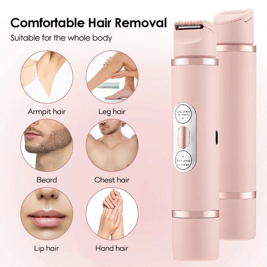 Dual-head electric women's shaver with hypoallergenic blades wet dry use USB rechargeable washable ABS body in beige pink gradient pink and gradient purple