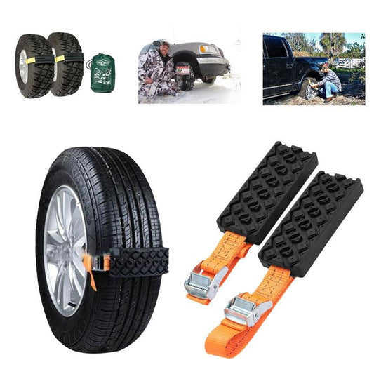 Emergency rubber and nylon car snow tyre chains with 104cm strap and high-visibility black and orange finish