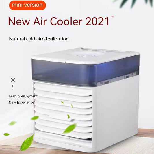 Portable desktop air conditioner fan and humidifier with 7-colour LED 3 speed modes 1 to 2.5 litre tank sub-40dB USB powered in two generation variants