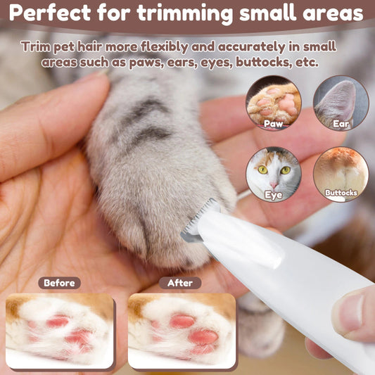 Cordless dog paw trimmer with built-in LED light and wide stainless steel blade for safe at-home grooming