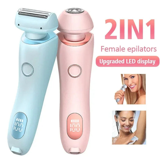 2-in-1 USB rechargeable women's electric hair remover and bikini trimmer with foil and precision heads in pink and blue