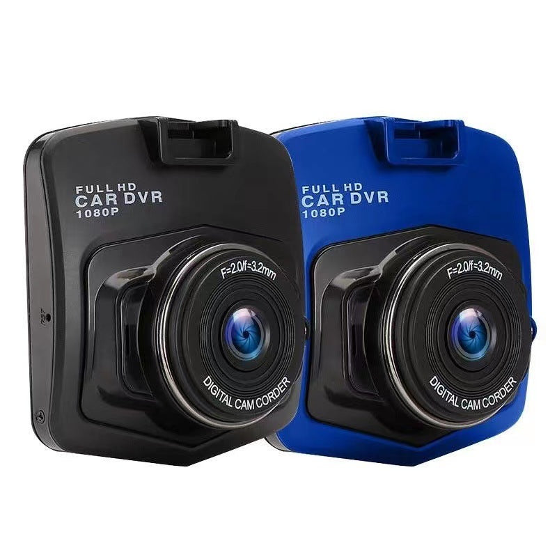 Mini HD 1080P dual-lens dash cam with night vision LED fill light and 24-hour parking monitoring in black and blue