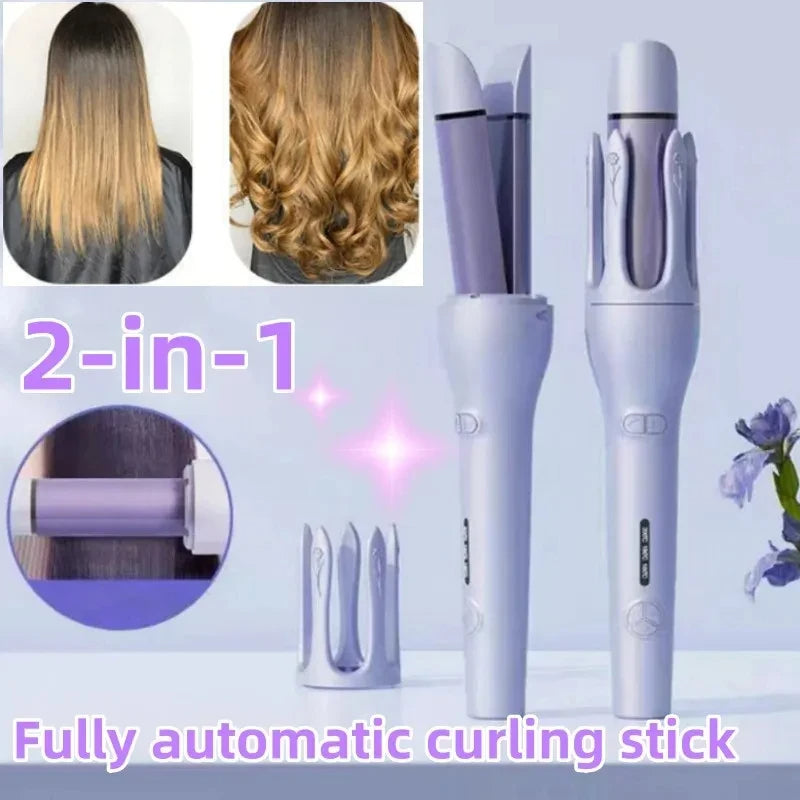 2-in-1 automatic hair curler and straightener with negative ion ceramic barrel in pink and purple with international plug options