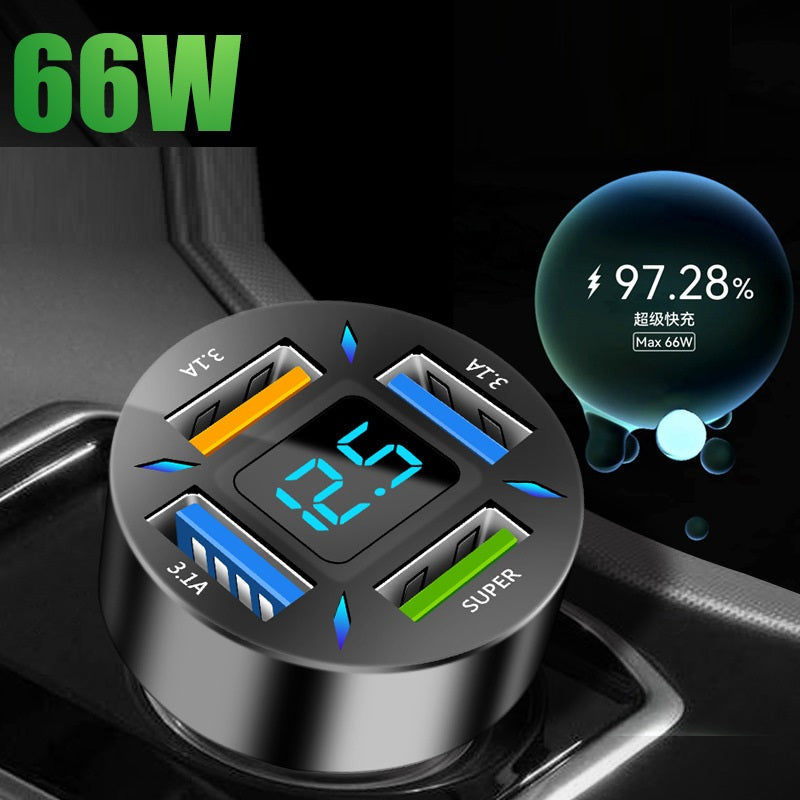 Four-port USB car charger with QC3.0 fast charging LED display and 7000mA total output for 12-24V vehicles