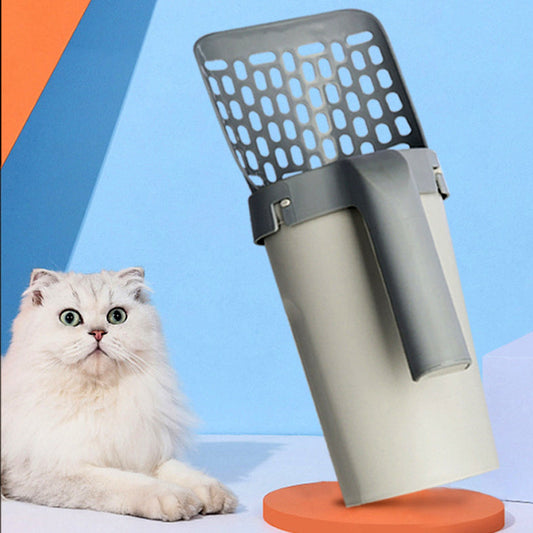 Integrated cat litter shovel and storage box set in advanced grey PP plastic with direct litter bag fit base