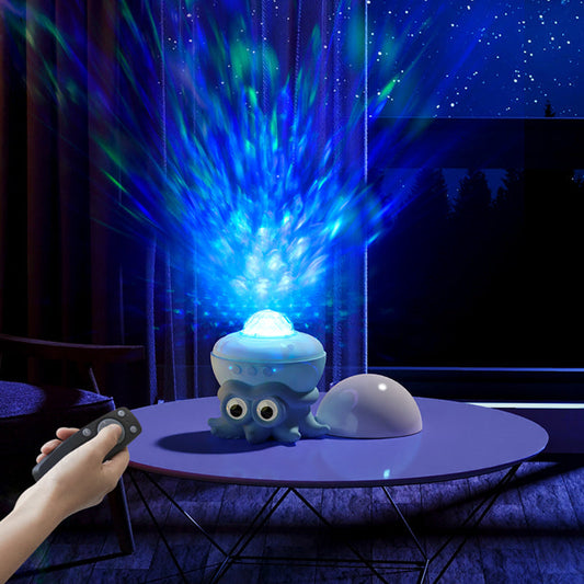 Ocean Series Octopus Projection Night Light with 8 water wave colour modes Bluetooth speaker adjustable brightness and speed dual timer in translucent blue