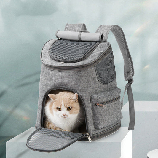 Oxford cloth cat carrier backpack and shoulder bag with breathable mesh panels and neoprene padding in denim blue
