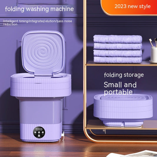 Portable folding washing machine 10L capacity 30cm wide with drain basket Level 4 energy efficiency US EU UK AU plug options in purple and green