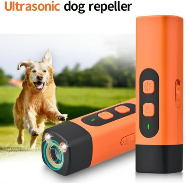 Ultrasonic dog training bark deterrent device with LED flashlight Type-C rechargeable 800mAh 50ft range in orange