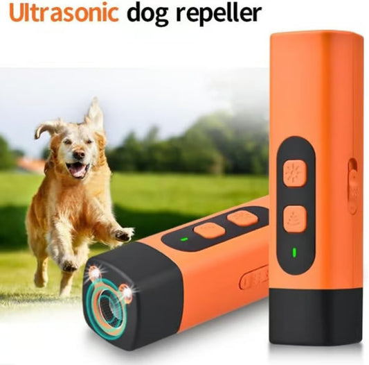 Ultrasonic dog training bark deterrent device with LED flashlight Type-C rechargeable 800mAh 50ft range in orange