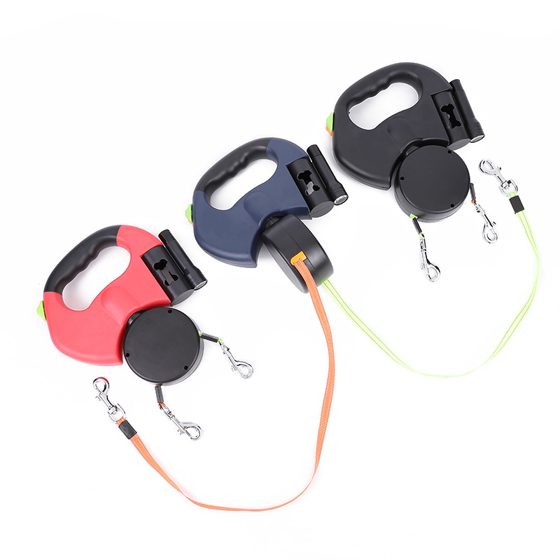 Retractable Dual Dog Leash with Flashlight and Poop Bag Dispenser