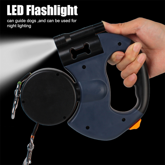 Retractable Dual Dog Leash with Flashlight and Poop Bag Dispenser