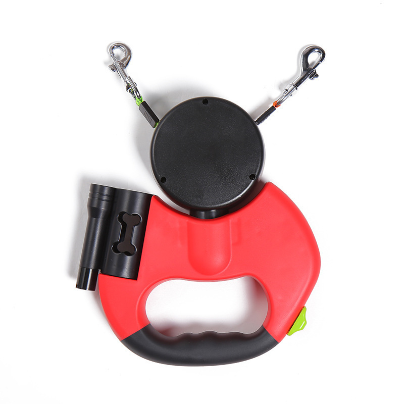 Retractable Dual Dog Leash with Flashlight and Poop Bag Dispenser