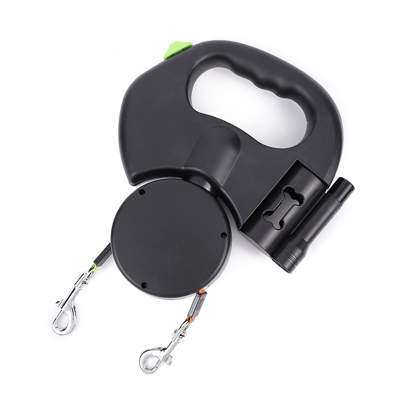 Retractable Dual Dog Leash with Flashlight and Poop Bag Dispenser