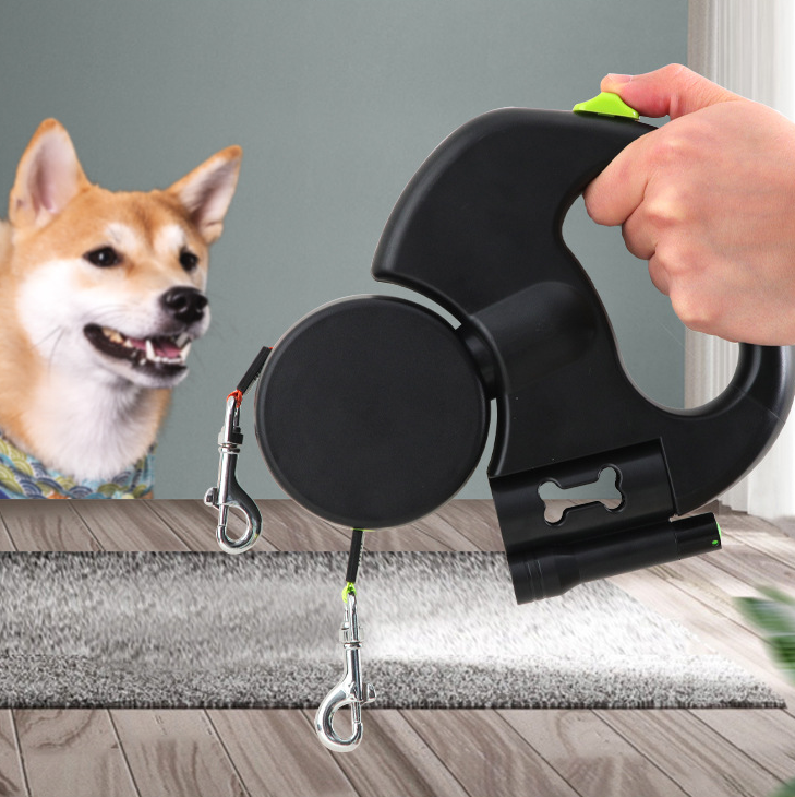 Retractable Dual Dog Leash with Flashlight and Poop Bag Dispenser